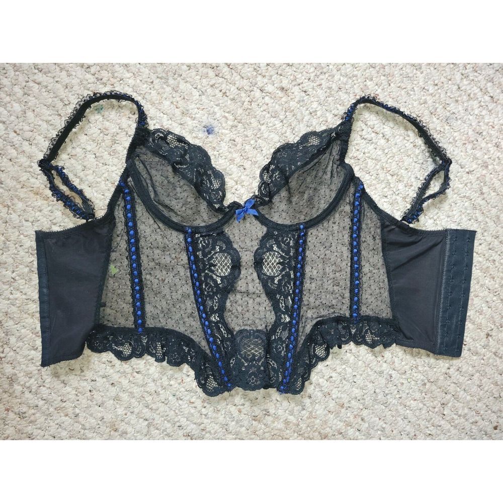 Vintage Lace Mesh Bustier Corset Lingerie Black & Blue Ribbon‎ Jezebel